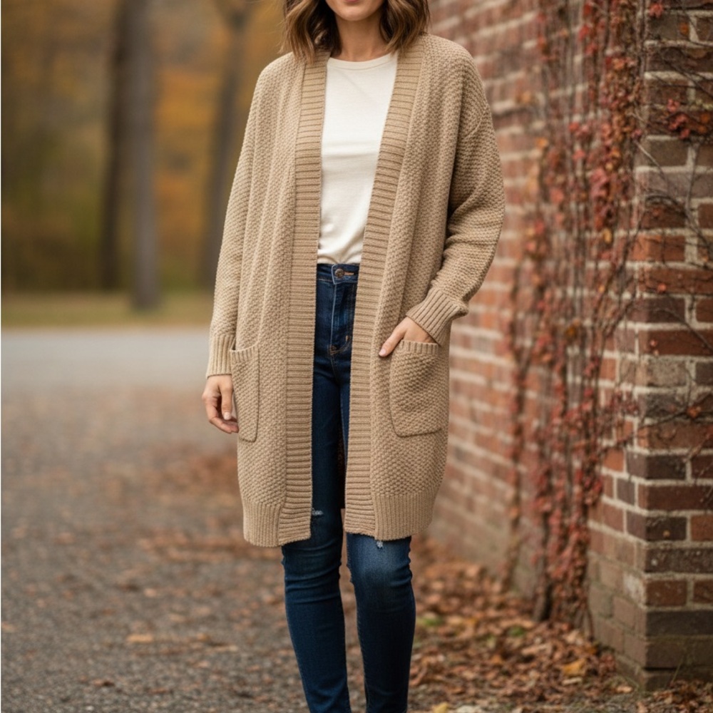 GAP Taupe Textured Cotton Open Front Longline Cardigan Sweater Size M NWT